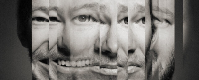 Black and white composite image of a man's face with emotions ranging from happy to sad.