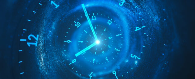 Blue spiraling clock face in spacescape