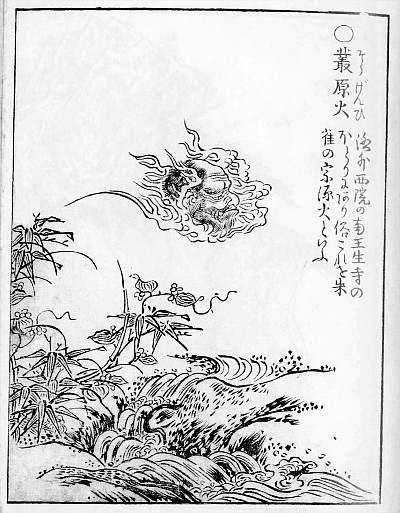 Ink painting depicting Japanese folklore spirit Onibi which appears as a floating ball of flame.