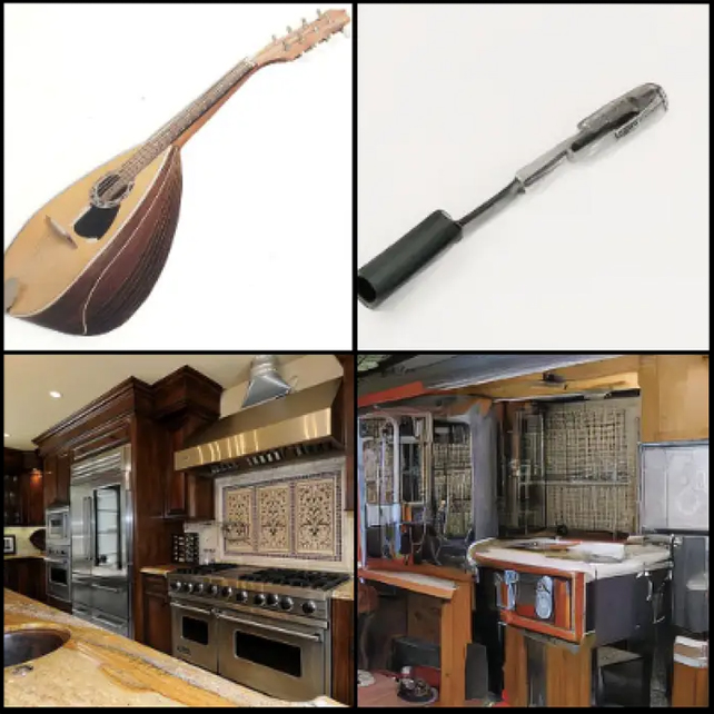 A lute and a kitchen on the left looks like a pen and a workshop on the right