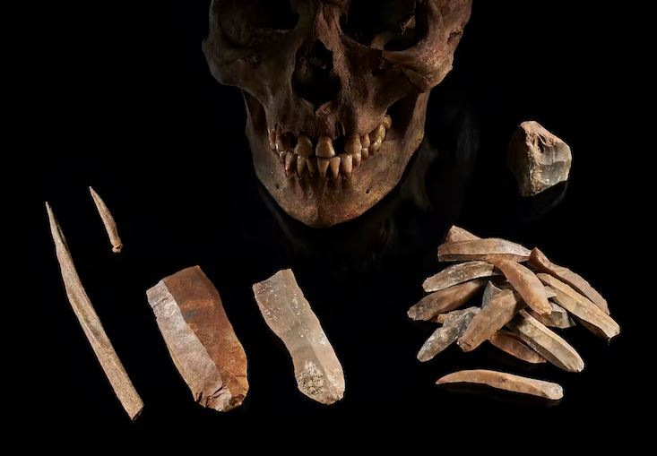 Male skull and ancient tools against black backdrop.