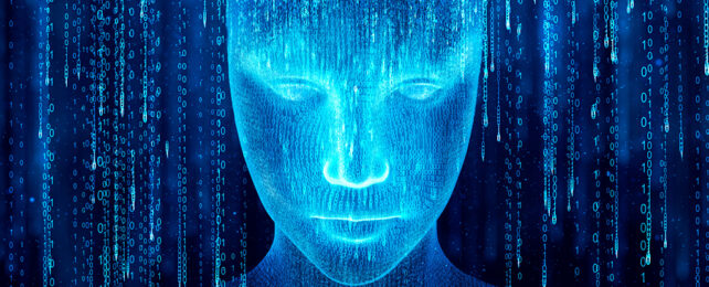 human face made up of blue digital code on a black background