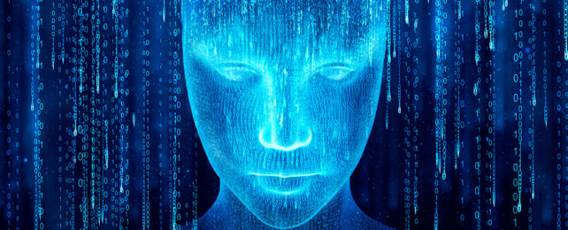 human face made up of blue digital code on a black background