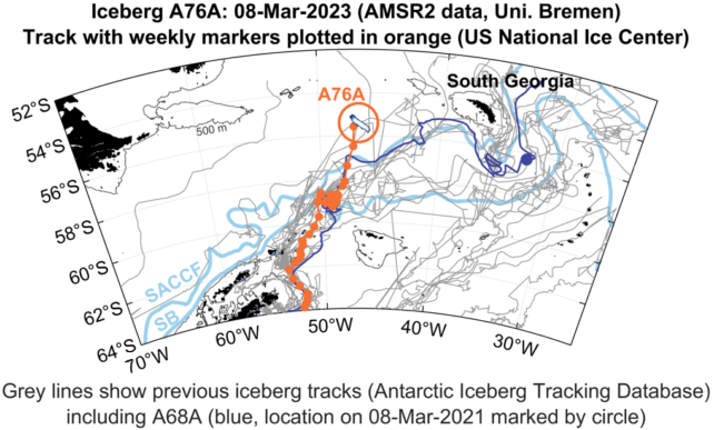 map depicting tracks of icebergs in orange and blue