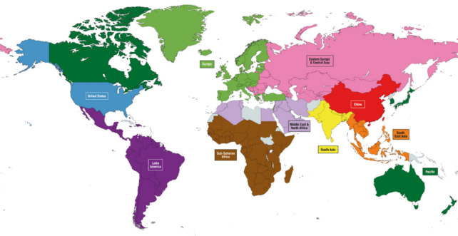Map of the world with regions in different colours
