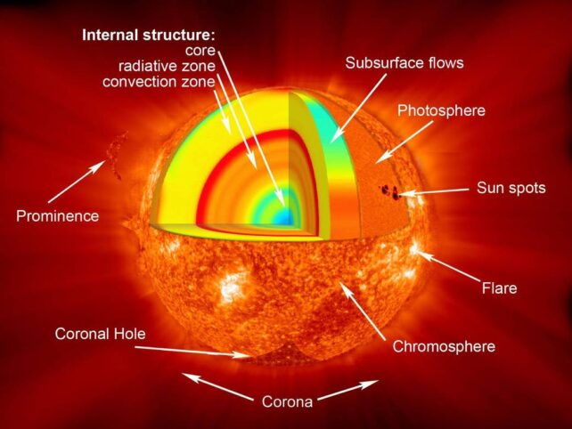 Image of the Sun labelled with features and with a quarter cut-out to illustrate its internal structure.