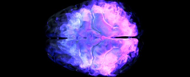 Top-down view of human brain, wit activity visualised in ripples of blue, purple and pink.