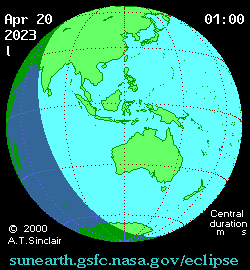 Animation showing the path of a total solar eclipse passing over Western Australia and Southeast Asia.