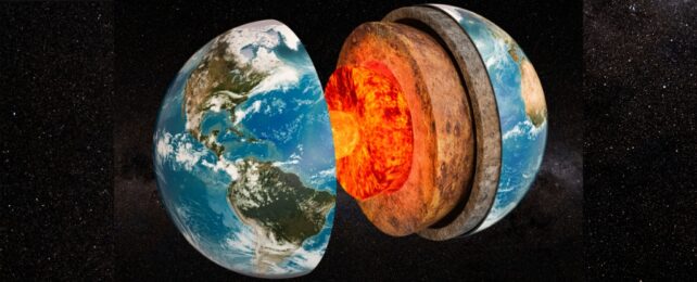 A 3D Rendering of the structure of Earth in Space, showing inner layers and core, on a dark starry background.