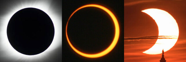 Panel of three images showing different types of solar eclipses, where the Sun is fully or partially obscured by the Moon.