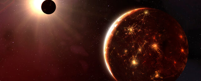 night-side view of an alien world with bright radiating patches of light, orbiting a distant sun with a moon eclipsing it