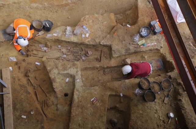 Archeologists at the site, with skeletons visible in graves.