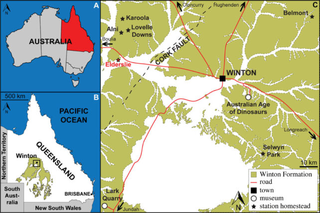Map of Australia, map of Queensland, and map of Winton area showing the extent of Winton Formation outcrop, the location of Elderslie Station and numerous other stock stations and sites in the area from which sauropod fossils have been collected.