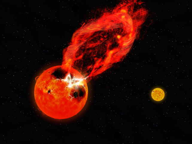 Полнокадровое изображение художественного впечатления от супервспышки на одной из звезд V1355 Ориона, показывающее объект, похожий на красное солнце, излучающий огненную вспышку, и объект меньшего размера, похожий на желтое солнце, на заднем плане справа, изображающий двойную компаньон звезда.