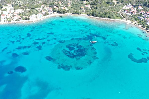 An aerial image of water off the coast of Croatian island Korčula.