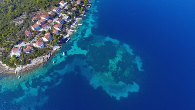 An aerial image of the water around Korčula, where Soline is located. Houses on land are also visible. 