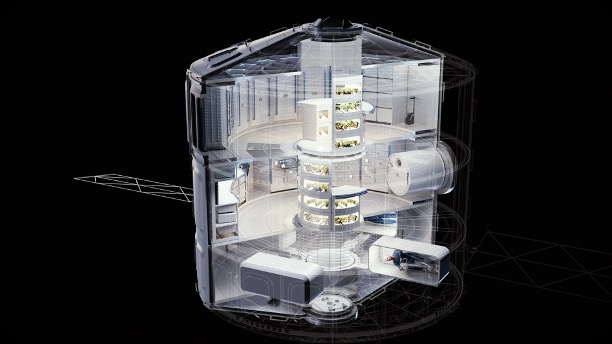 Illustration showing the inside of a cylindrical space station with three floors.