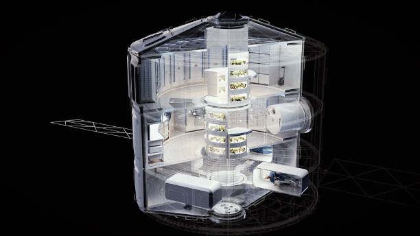 Illustration showing the inside of a cylindrical space station with three floors. 