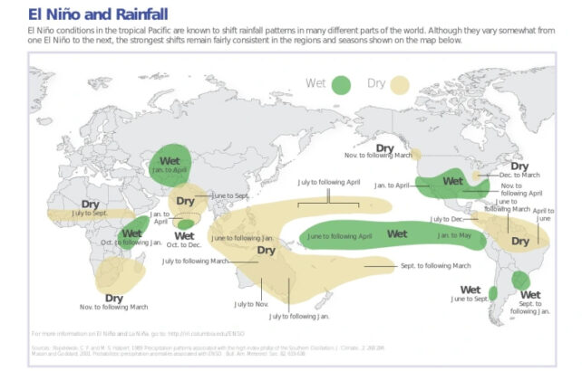 Peta yang menunjukkan kemungkinan pola presipitasi global selama El Niño.