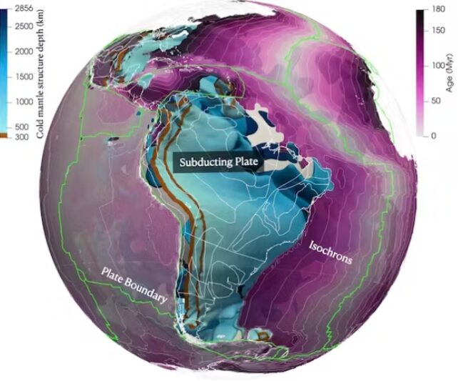 Een paarse wereldbol met een blauw omlijnde kaart van Zuid-Amerika.  De colorimeter laat zien hoe de diepte en ouderdom van de koude mantelstructuur moet worden afgelezen.