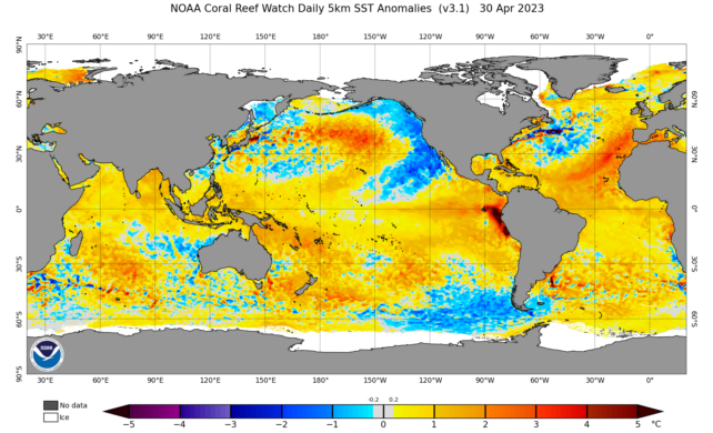 Heat map of ocean showing darkest spot off the east coast of Mexico near Chile.