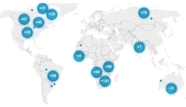 A map showing numbers inside blue circles to depict locations of Kimberlite eruptions in the past 200 million years.