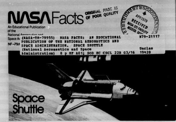Black and white copy of cover page of NASA Facts booklet with image of Space Shuttle