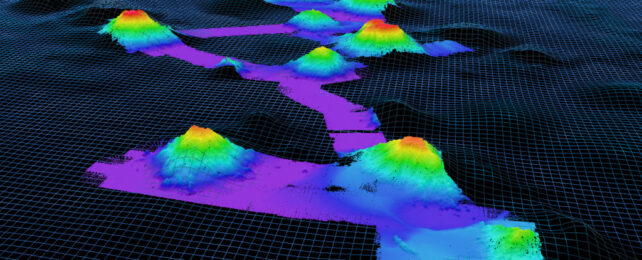 Chains of undersea volcanoes mapped by sonar.