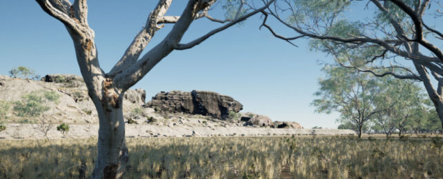 Visualisation of an ancient landscape with sandstone cliffs and adjacent grasslands.