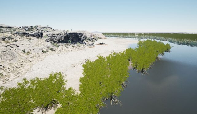 Visualisation of an ancient landscape with sandstones cliffs and nearby mangroves.
