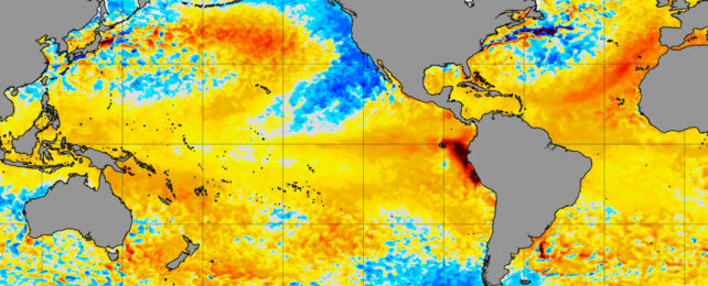 Swirling yellows and reds mark abnormally warm ocean temperatures on a world map.