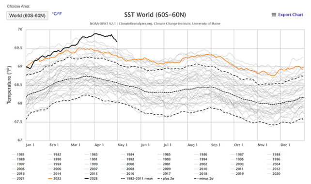 graph of sea surface temperatures across the year from 1981 with 2023 so far above