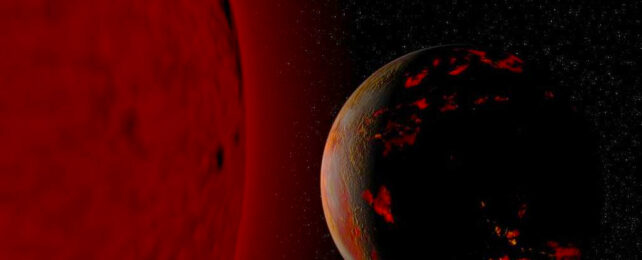 artist impression with a dim, red sun to the left and a melting planet to the right