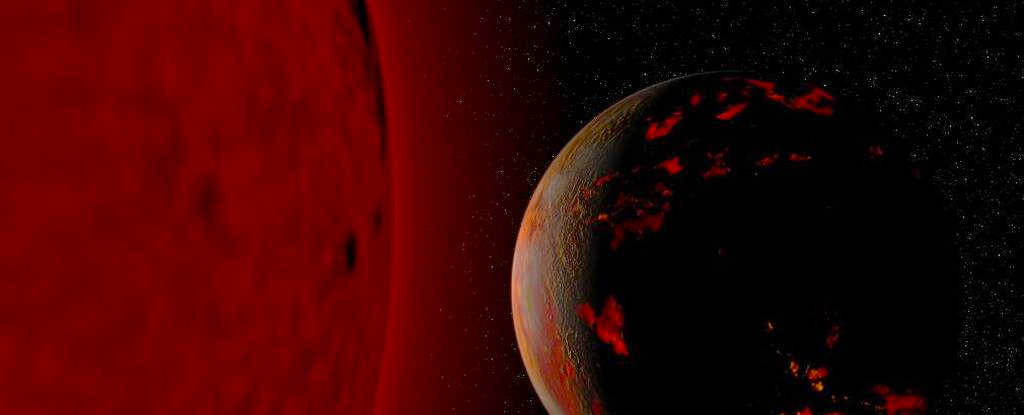artist impression with a dim, red sun to the left and a melting planet to the right