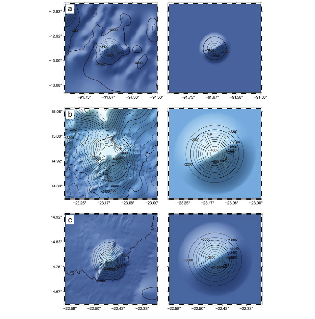 Grid of six images showing three undersea volcanoes, mapped using satellite data and sonar.