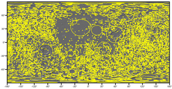 A map of nearly 5,200 craters on the moon, shown in yellow and gray.