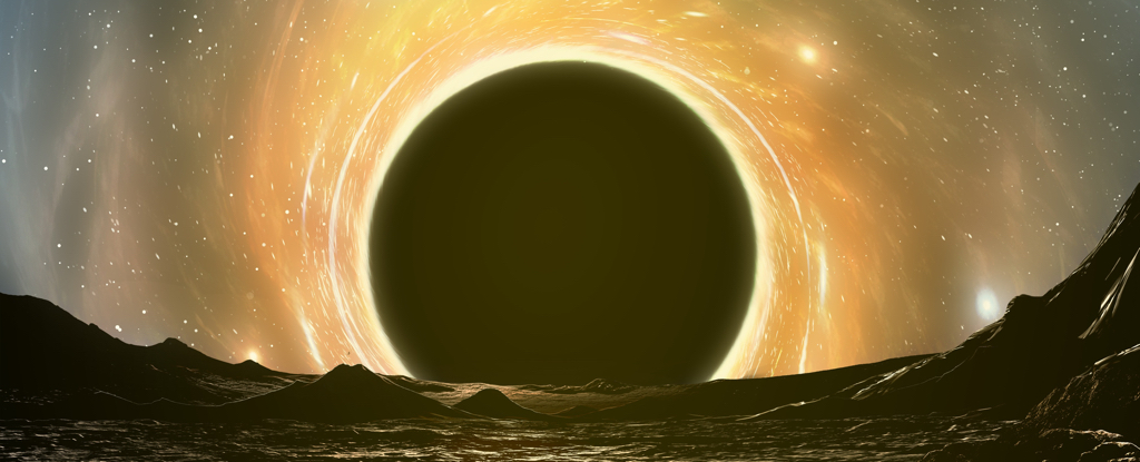 Impresión artística de un agujero negro visto desde la superficie de un planeta. (Mark Garlick/Science Photo Library/Getty)