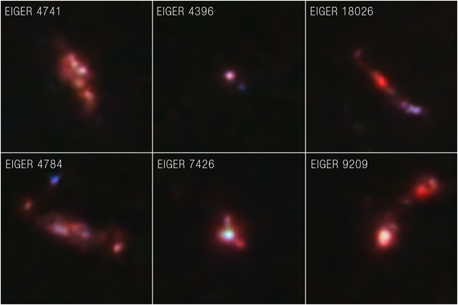 Images of six different early galaxies.