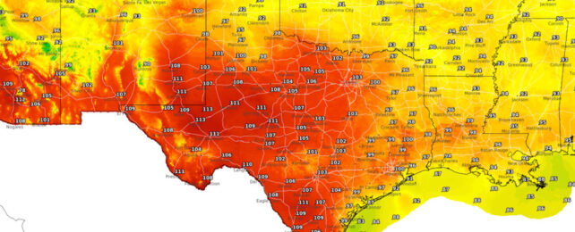 Chart showing red and orange hot temperatures in southern US