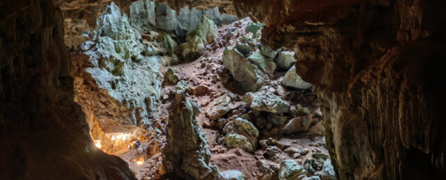 Wide-angle view of Tam Pà Ling Cave, showing entrance and illuminated excavation down below.