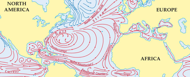 Map indicating the currents in the Atlantic Ocean as lines.