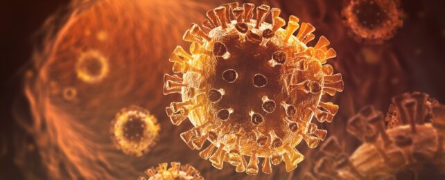 An illustration of a coronavirus with orange tones