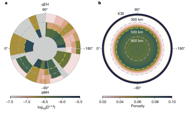 Map of strength of seismic wave scattering of Earth's inner core.