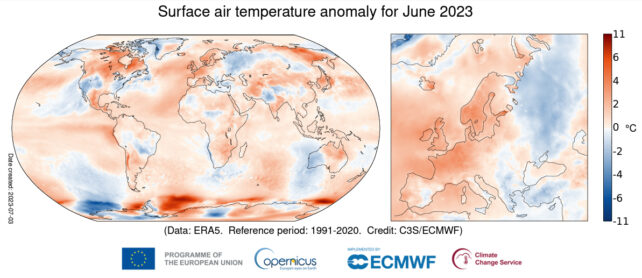 A map of the world shows June 2023 surface air temperatures compared to the averages established from 1991 to 2020.