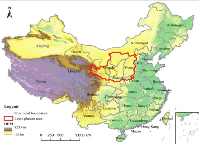 Mappa della Cina che mostra l'altopiano del Loess