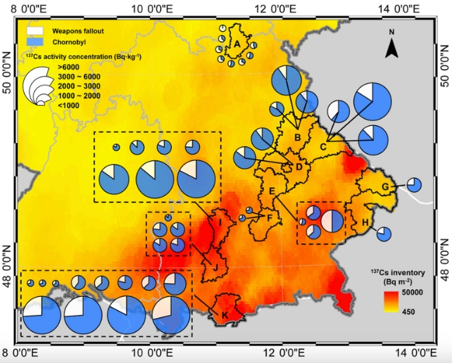 Cesium activity concentrations in wild boars and their contributions from weapons fallout and the Chornobyl nuclear accident.