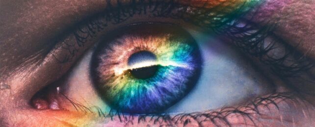 A person's eye showing a rainbow of colors and light reflected.