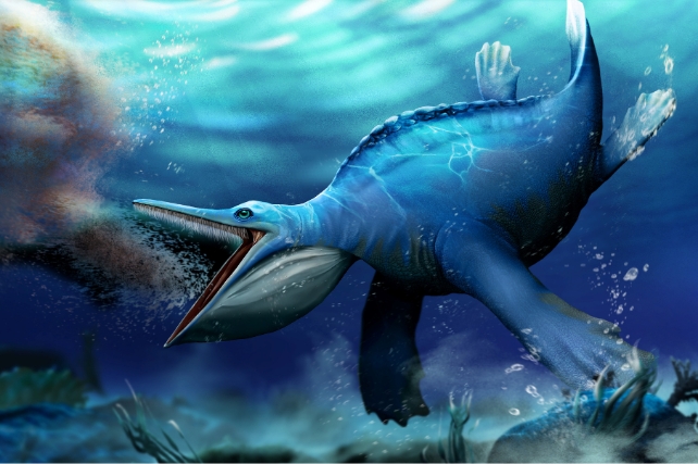 An artist's reconstruction of Hupehsuchus about to engulf a shoal of shrimps.
