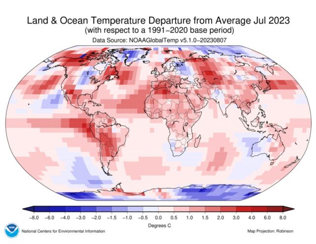 Map showing temperature anomalies for July 2023.