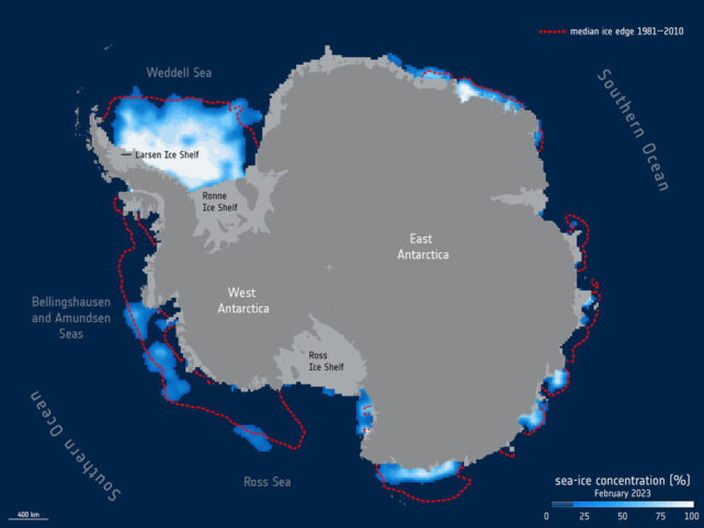 Map of current Antarctic sea ice compared to average.